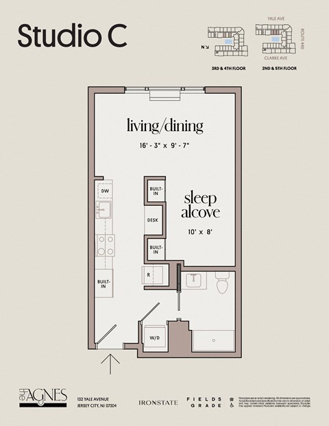 Floor plan for studio, 1 bath, 543 sqft
